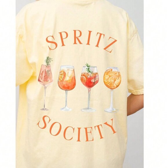 Yellow Casual Women's Cocktail And Letter Graphic Drop Shoulder Oversized Tee - Picture 2 of 3